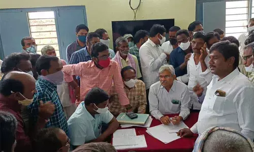 Udandapur reservoir oustees staging a protest at Jadcherla Tehsildar office on Monday