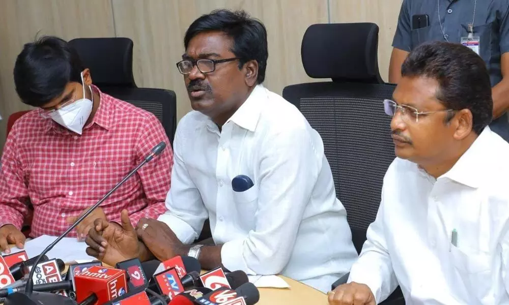 Minister for Transport Puvvada Ajay Kumar addressing media at Khammam on Tuesday