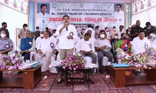 Social Welfare Minister Pinipe Viswaroop addressing at the ‘Coconut Mela’ along with  Agriculture Minister Kurasala Kannababu, MP Chinta Anuradha and District Collector Chevuri Hari Kiran  at Dr YSR Horticulture University in Amalapuram on Tuesday