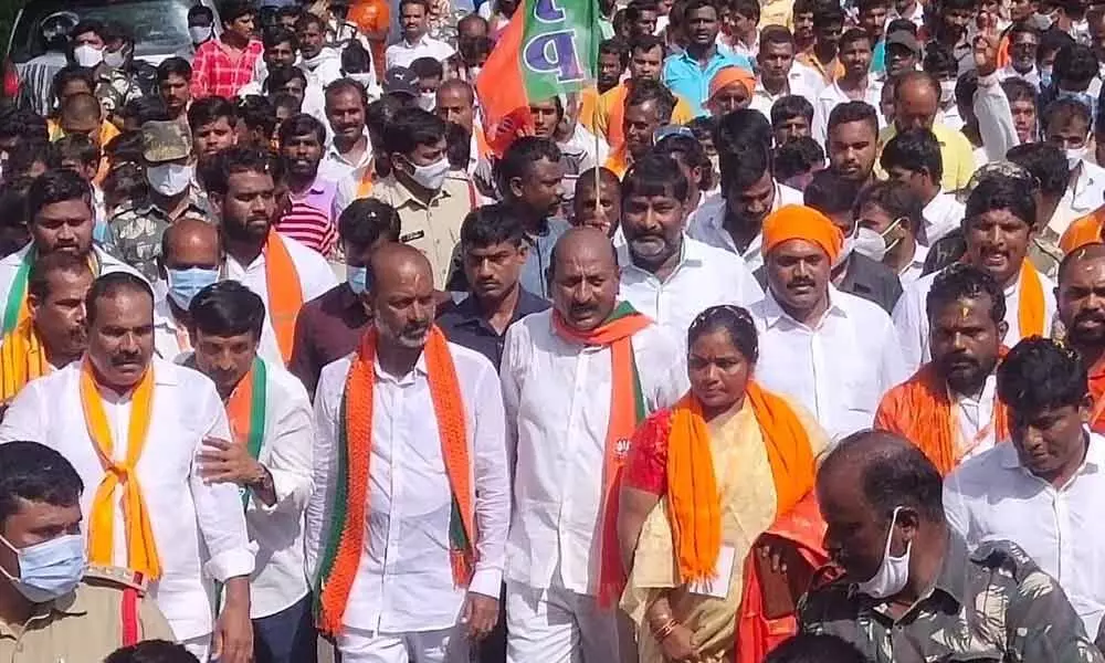 State BJP president Bandi Sanjay Kumar’s Praja Sangrama Yatra enters Pocharam village in Kamareddy district on Wednesday
