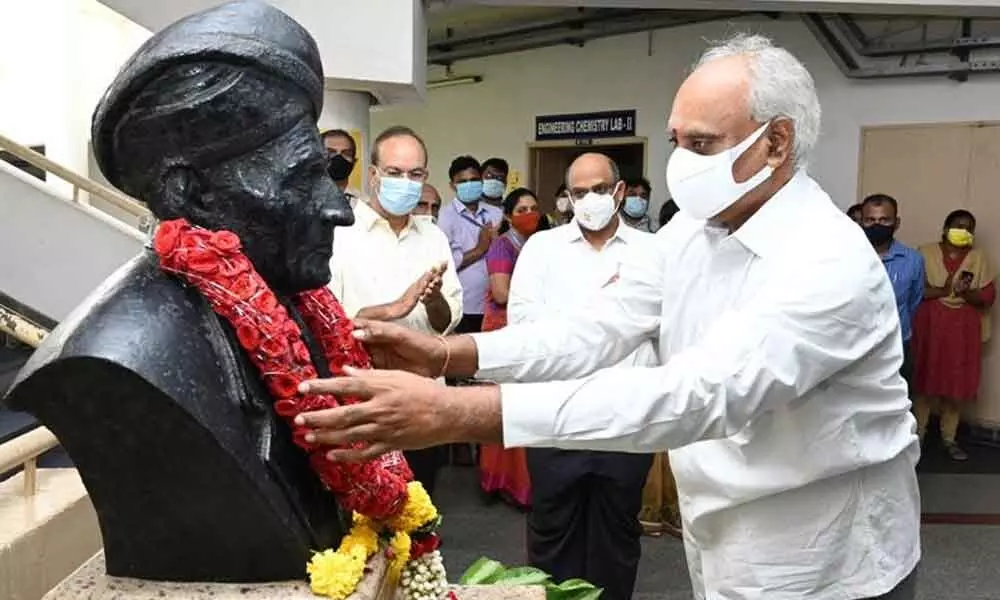 GITAM VC Prof K Sivaramakrishna garlanding the sir M Visvesvaraya’s statue in Visakhapatnam on Wednesday