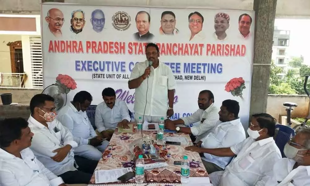 Andhra Pradesh State Panchayat Parishad Chairman Dr JastiVeeranjaneyulu presiding over the sarpanches meeting at Undavalli on Wednesday