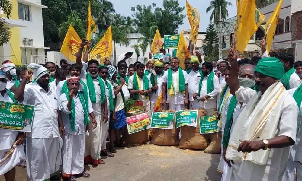 TDP activists staging dharna in Kakinada on Wednesday