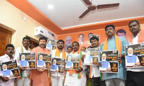 BJP State president Somu Veerraju and other leaders releasing ‘Abhiyan’ poster in Tirupati on Wednesday