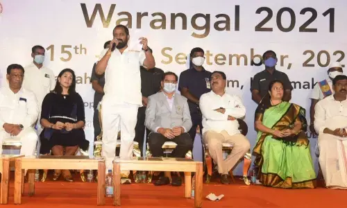 Minister for Sports and Culture V Srinivas Goud speaking at the inauguration of the 60th National Open Athletics Championships (NOAC)-2021 at the Jawaharlal Nehru Stadium in Hanumakonda on Wednesday