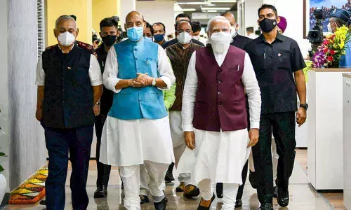 Prime Minister Narendra Modi during the inauguration of the Defence Offices Complex, in New Delhi on Thursday. Union Minister for Defence Rajnath Singh and other dignitaries are also seen