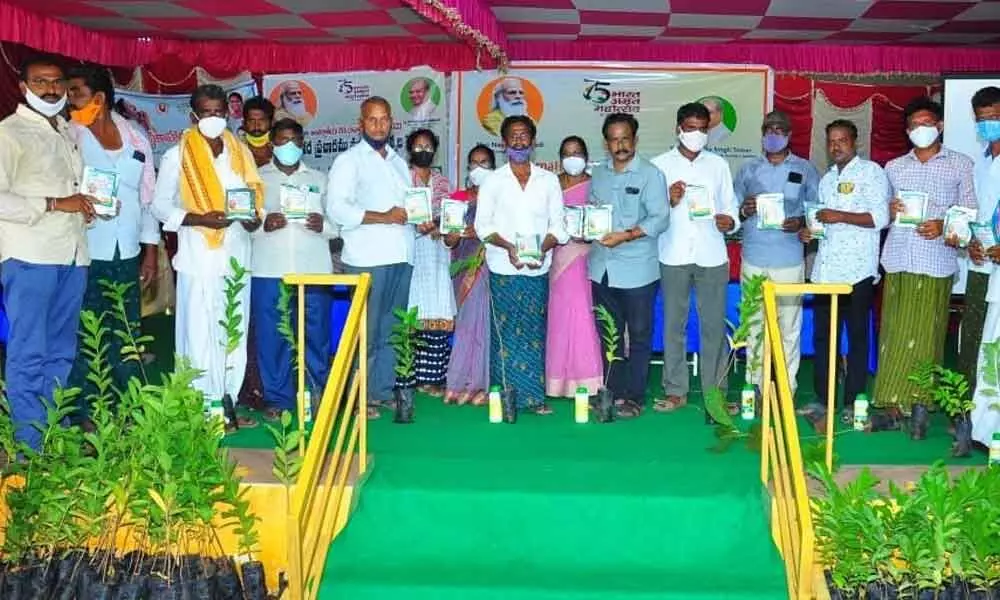 ICAR CTRI KVK staff distributing seeds kits and saplings to farmers on Friday