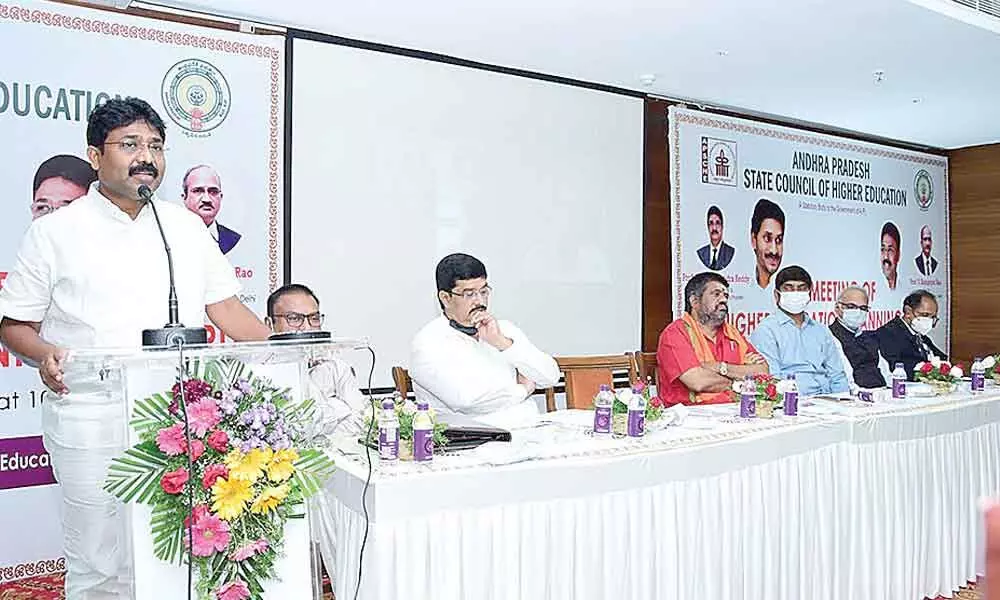 Education Minister Audimulapu Suresh speaking at the second meeting of the Higher Education Planning Board in Visakhapatnam on Saturday
