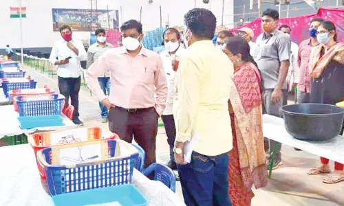 Krishna District Collector J Nivas inspects the arrangements made for the counting of votes of ZPTC, MPTCs elections at a voting centre in Ibrahimpatnam mandal in Krishna district on Saturday