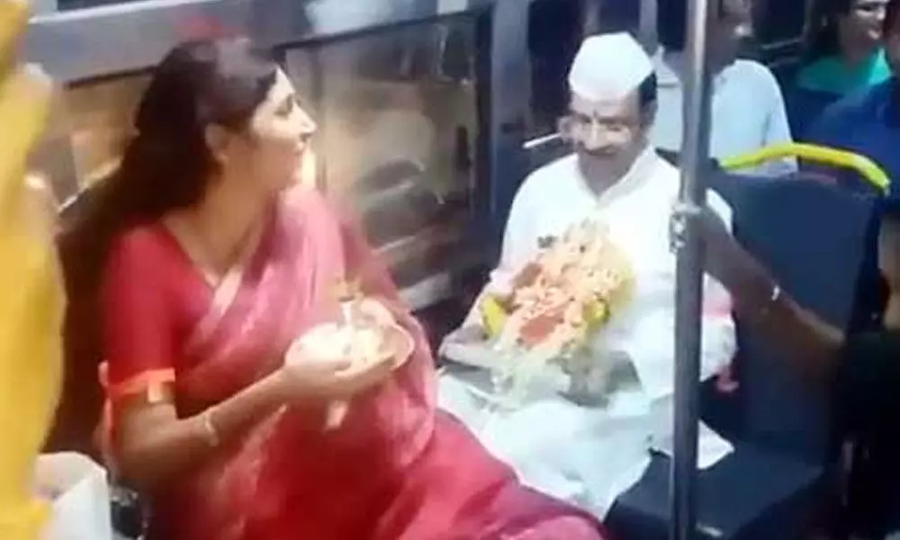 TSRTC MD VC Sajjanar along with family carries Ganesh idol in RTC bus for immersion
