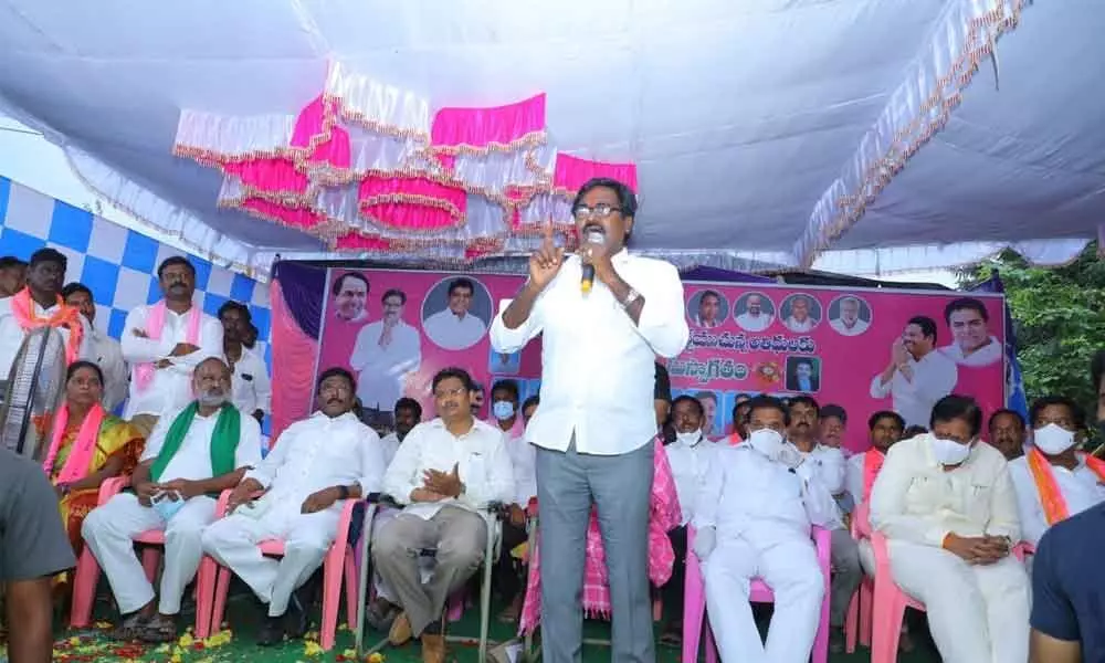 Minister for Transport Puvvada Ajay Kumar speaking at a meeting in Chintakani on Monday