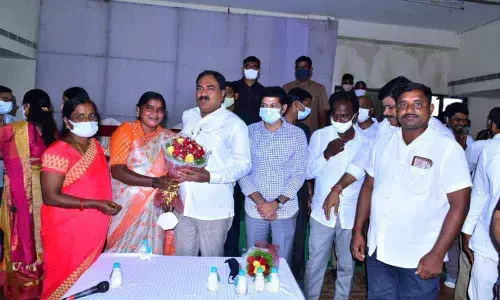 Minister for Panchayat Raj Errabelli Dayakar Rao with mandal praja parishad presidents of the erstwhile Warangal district in Hanumakonda on Monday