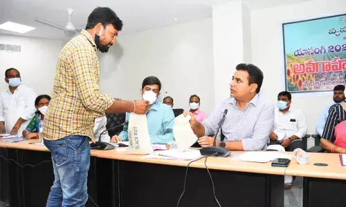 Minister K T Rama Rao held a meeting on the yasangi crop season in Sircilla on Monday