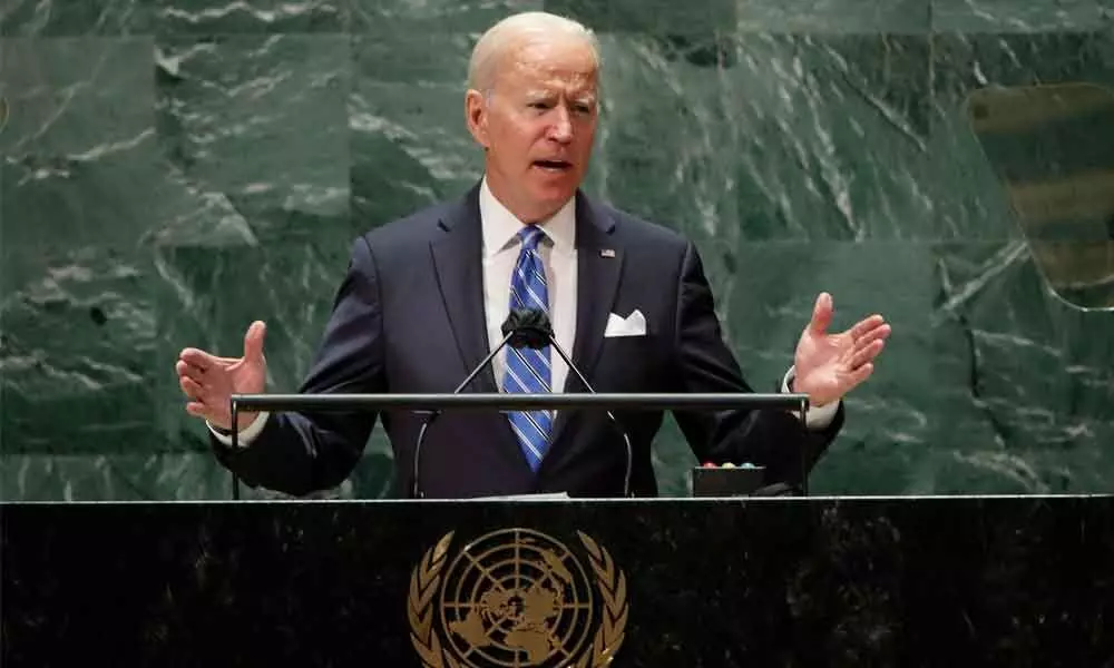 US President Joe Biden speaks during the 76th Session  of the United Nations General Assembly at UN headquarters in New York on Tuesday