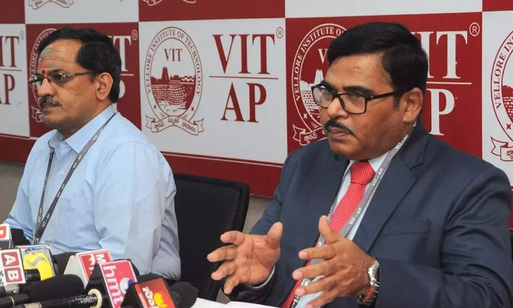 VIT University vice-chancellor Dr S V Kota Reddy, registrar  Dr C L V Sivakumar addressing a press conference at VIT Amravati on Tuesday