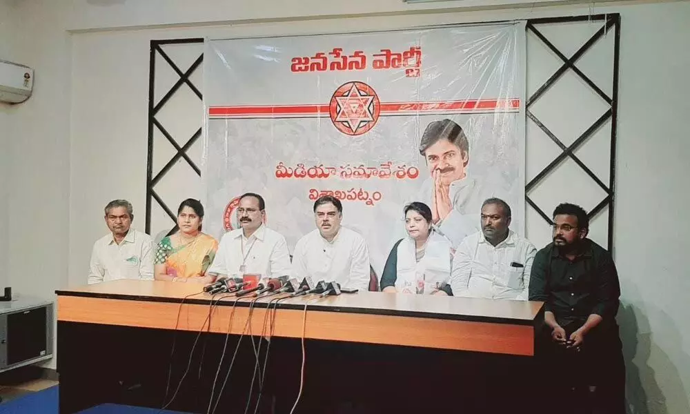 Jana Sena Party  PAC chairman Nadendla Manohar speaking at a conference in Visakhapatnam on Tuesday