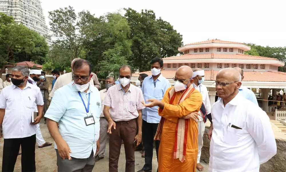 TTD EO K S Jawahar Reddy inspecting the progress of works at Go Mandir at Alipiri on Wednesday