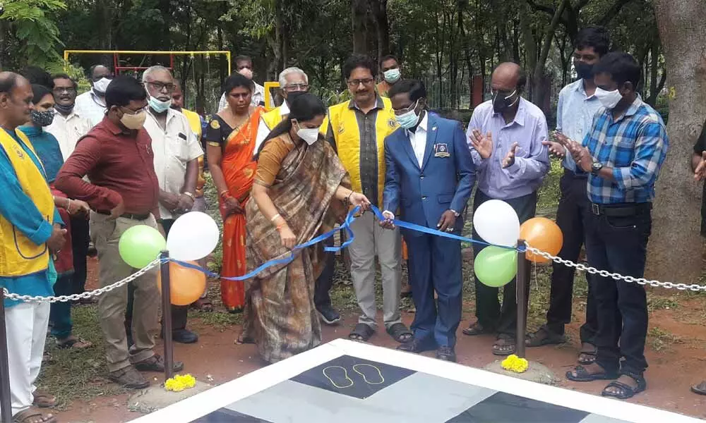 Mayor Dr R Sirisha inaugurating science park exhibits at Regional Science Centre in Tirupati on Thursday