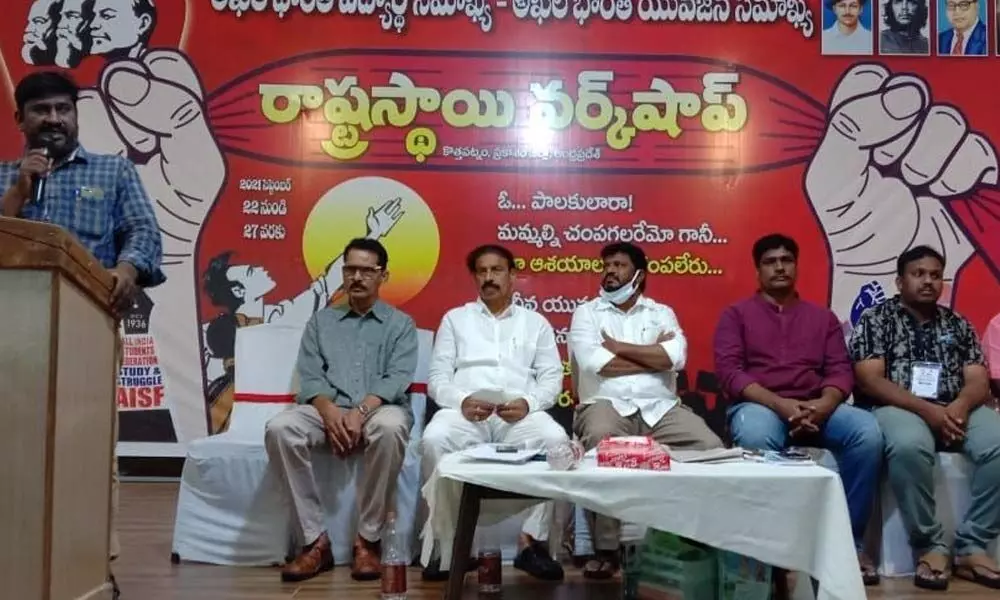 AIYF general secretary Tirumalai Raman speaking at the state-level workshop at Kothapatnam on Thursday