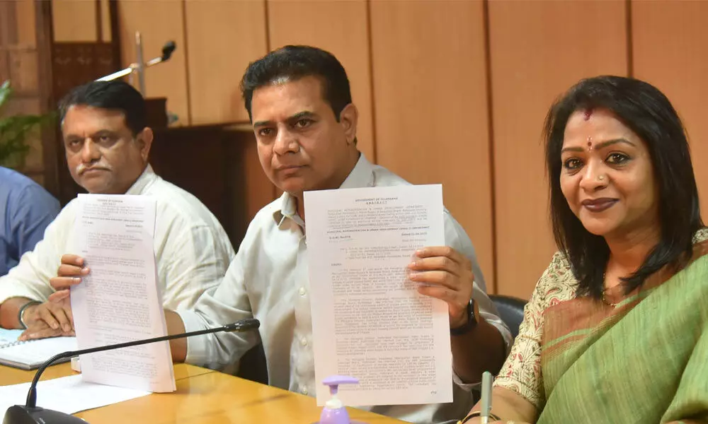 Municipal Administration Minister KT Rama Rao at a press conference in Hyderabad on Thursday.