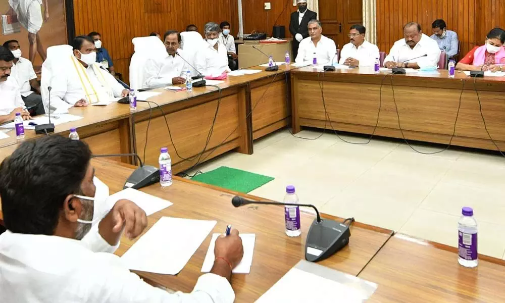 Assembly Speaker P Srinivas Reddy, Chief Minister KCR and Deputy Speaker Padma Rao Goud at the BAC meeting on Friday