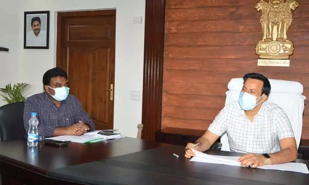 Collector Pravin Kumar and Joint Collector JV Murali conducting a review meeting on Veligonda project in Ongole