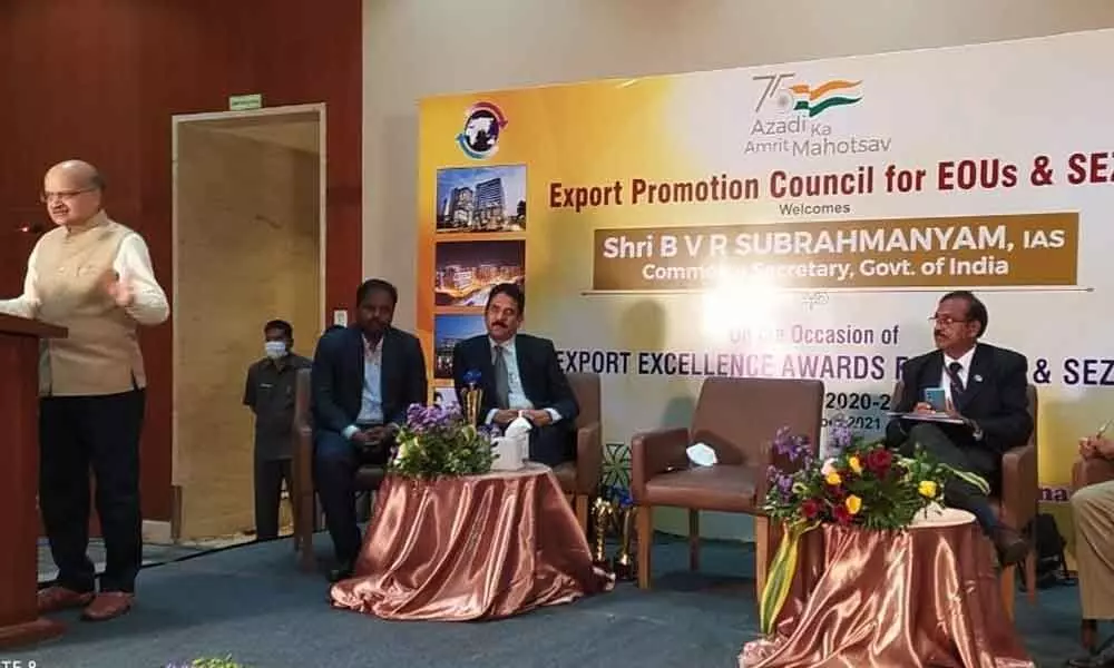 Commerce Secretary BVR Subrahmanyam speaking at a function in Visakhapatnam on Friday