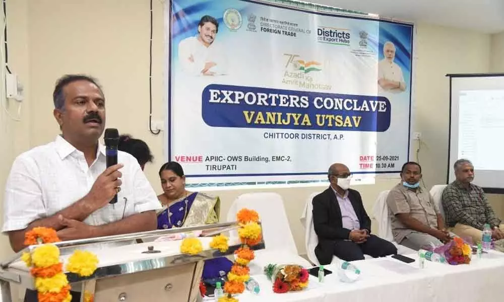 District Industries Centre General Manager E Prathap addressing the exporters conclave in Tirupati on Saturday