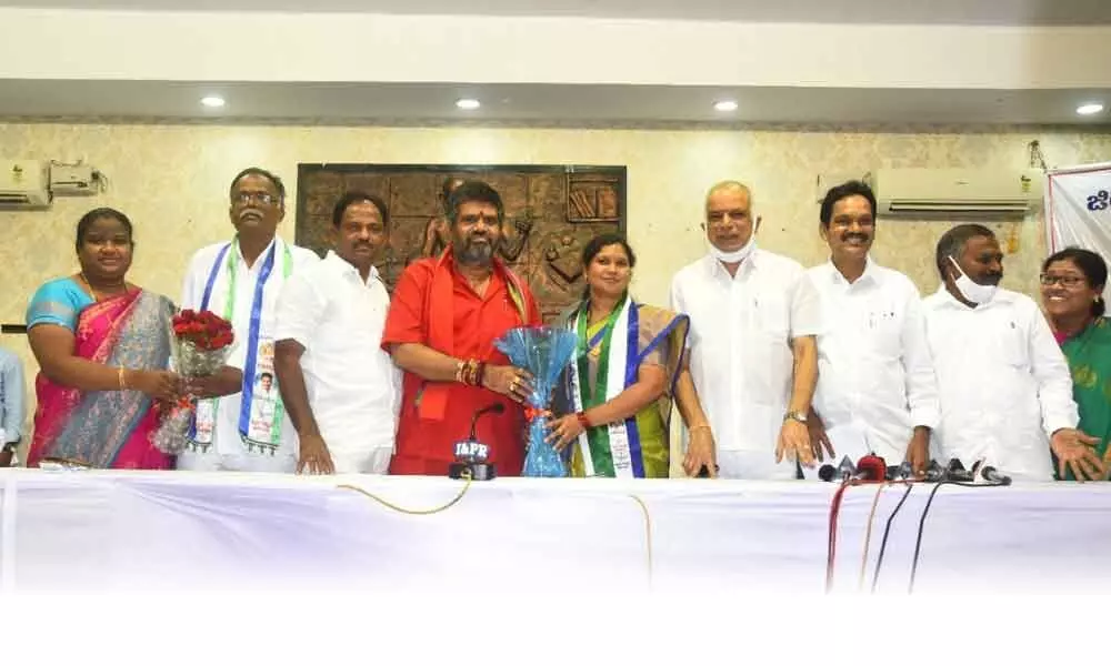 Tourism Minister M Srinivasa Rao congratulating the newly-elected ZPTC members in Visakhapatnam on Saturday