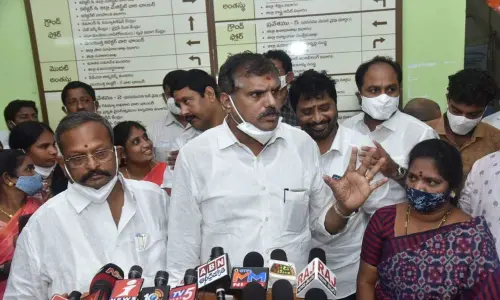 Minister for Municipal Administration and Urban Development Botcha Satyanarayana and Collector A Suryakumari hold review meet on arrangements  for Pydithalli festival in Vizianagaram on Sunday