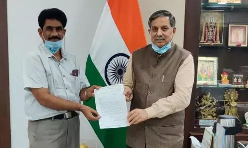 ABRSM State convenor Prof Y V Rami Reddy submitting a representation to UGC Chairman Prof D P Singh in New Delhi recently