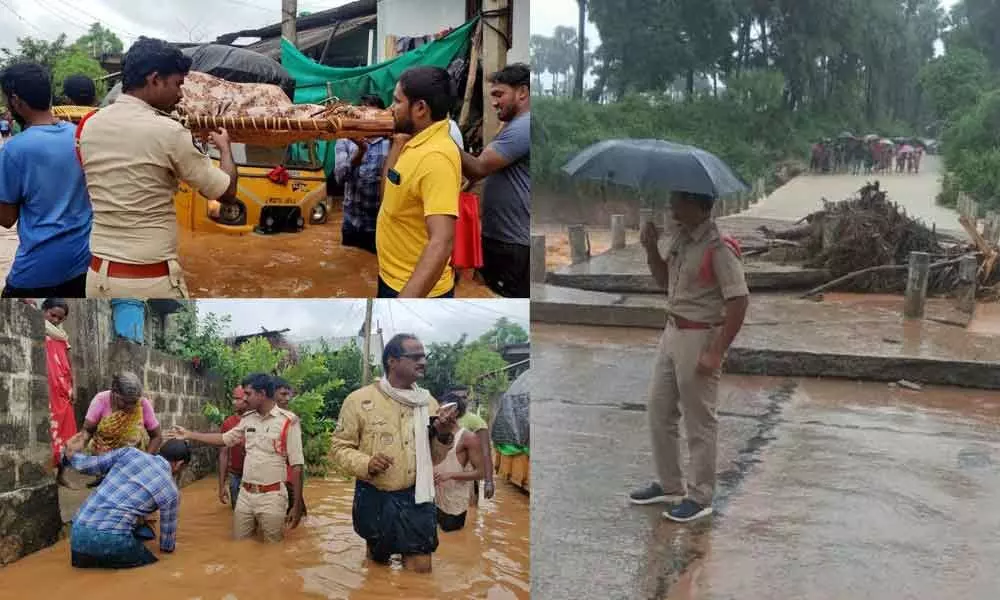 Police taking part in rescue operations in the flooded areas in West Godavari district on Monday; Locals helping an elderly woman to go to relief camp ; Flood inundating Jalleru bridge at Veerannapalem under Buttayigudem mandal