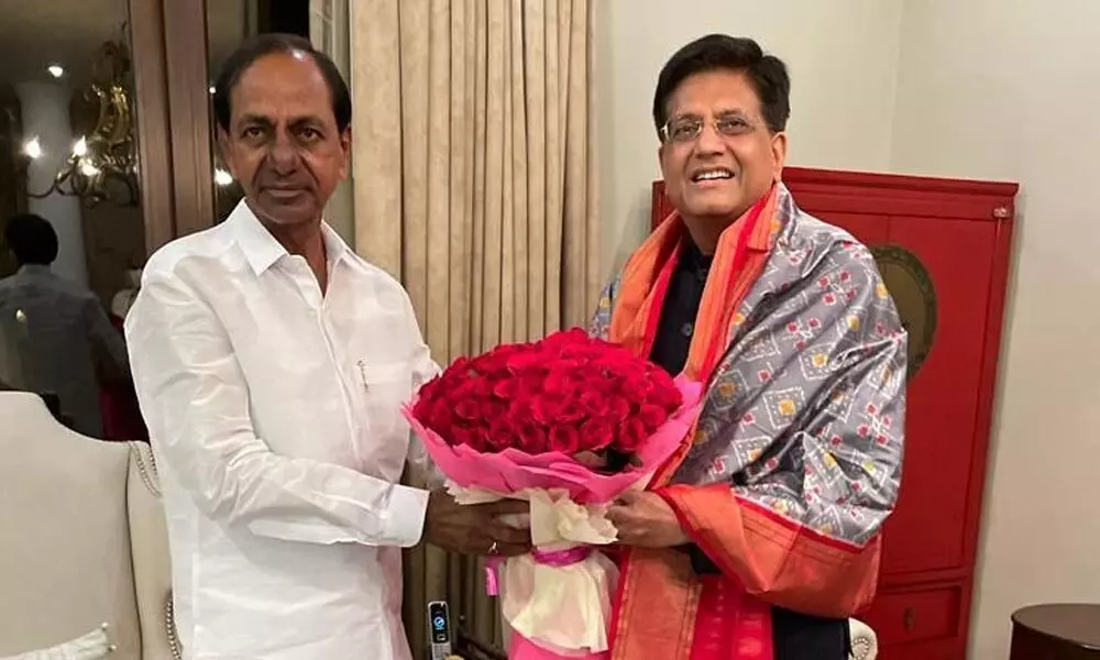 Chief Minister KCR greets Union Minister of Commerce and Industry Piyush Goyal at Udyog Bhavan in New Delhi on Monday