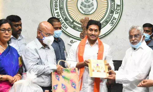 TTD chairman Y V Subba Reddy and EO Dr K S Jawahar Reddy extend invitation to Chief Minister Y S Jagan Mohan Reddy for Brahmotsavams, in Tadepalli on Monday