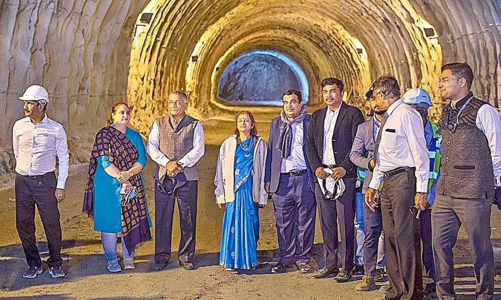 (L-R) MEIL Director  M Subbaiah, Union Minister of State for Roads and Highways  VK Singh, Union Minister for Roads and Highways Nitin Gadkari , MEIL MD PV Krishna Reddy and NHIDCL ED GS Kambo at Zojila tunnel in Baltal in J&K on Tuesday
