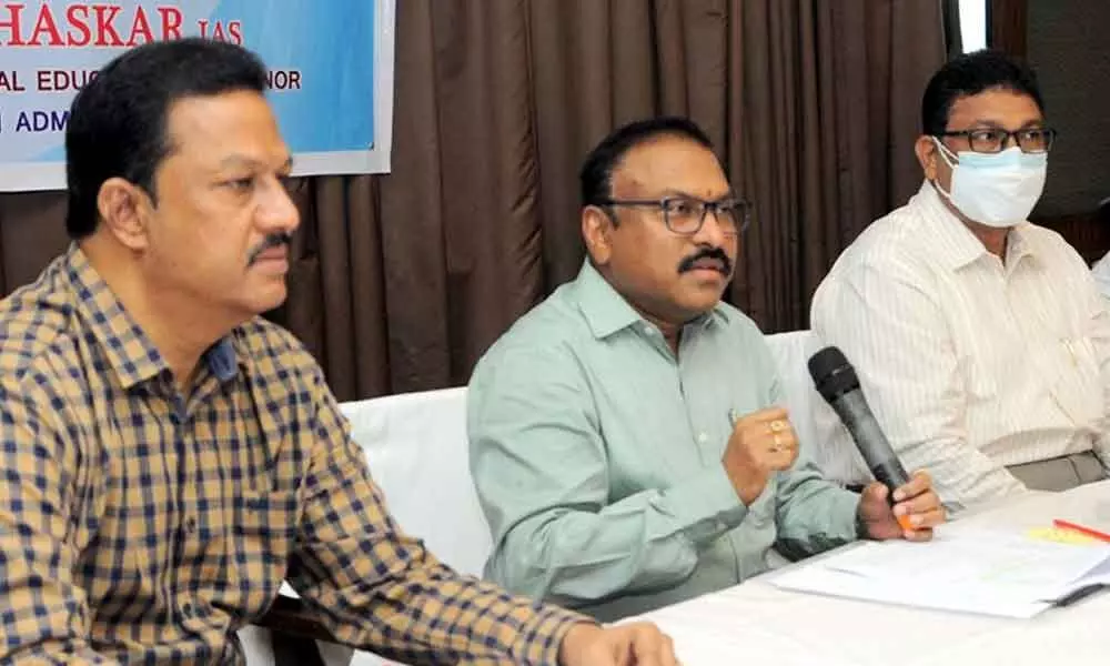 Commissioner  of technical education  Dr Pola Bhaskar and other officials addressing a press conference on AP Polycet-2021  admissions at a private hotel in Vijayawada on Wednesday