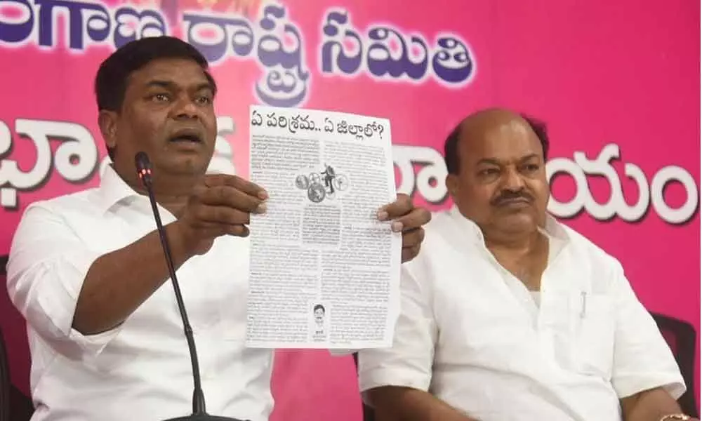 Public Accounts Committee chairman A Jeevan Reddy addressing the media at TRSLP office in Hyderabad on Wednesday