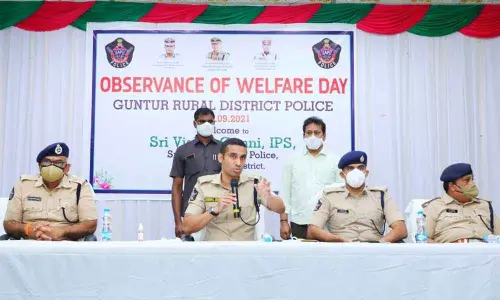 Guntur Rural SP Vishal Gunni addressing a meeting held at DPO in Guntur on Wednesday