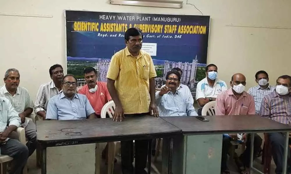 Employees Association president P Kesava Rao speaking at a press meet in Aswapuram on Thursday