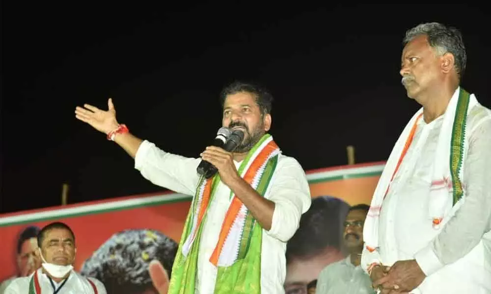 TPCC president A Revanth Reddy speaking at a meeting in Bhupalpally on Thursday