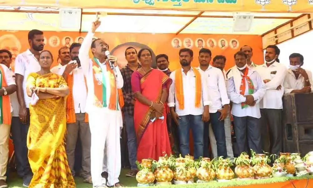 BJP leader Eatala Rajender addressing a meeting in Huzurabad mandal on Thursday