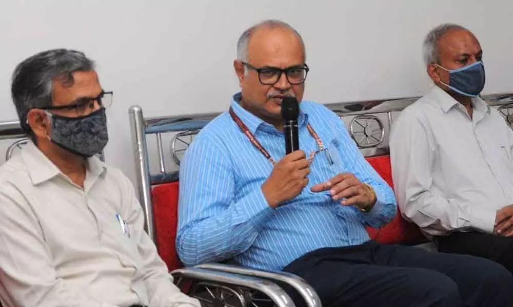 South Central Railway General Manager Gajanan Mallya addressing a press conference in Vijayawada on Thursday