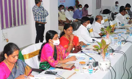 Members of Parliament and officials participating in a meeting  with SCR General Manager Gajanan Mallya in Vijayawada on Thursday