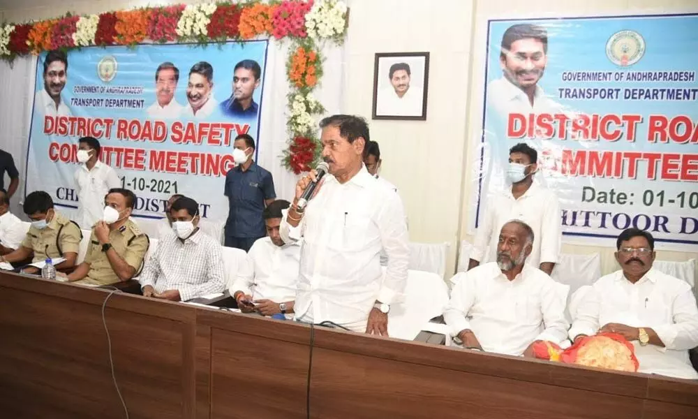 Deputy Chief Minister K Narayana Swamy speaking at the District Road Safety Committee meeting in Chittoor on Friday.