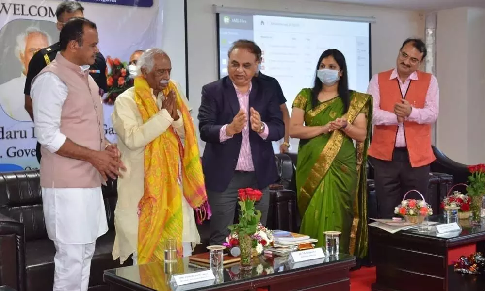 Haryana Governor Bandaru Dattatreya being felicitated by AIIMS director Vika Batiya during his visit to AIIMS at Bibinagar on Friday