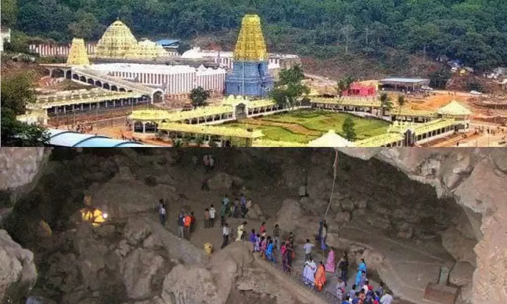 (Top) A view of Simhachalam temple, one of the pilgrim centres, in Visakhapatnam. Borra Caves, one of the tourist spots, at Araku Valley in Visakhapatnam district