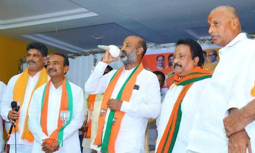 BJP state president Bandi Sanjay at a party workers’ meeting in Huzurabad on Sunday