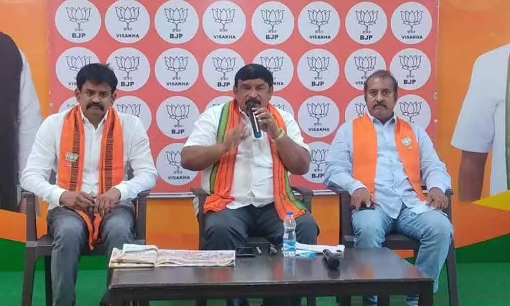 BJP state vice-president and former MLA P Vishnu Kumar Raju addressing the media in Visakhapatnam on Sunday