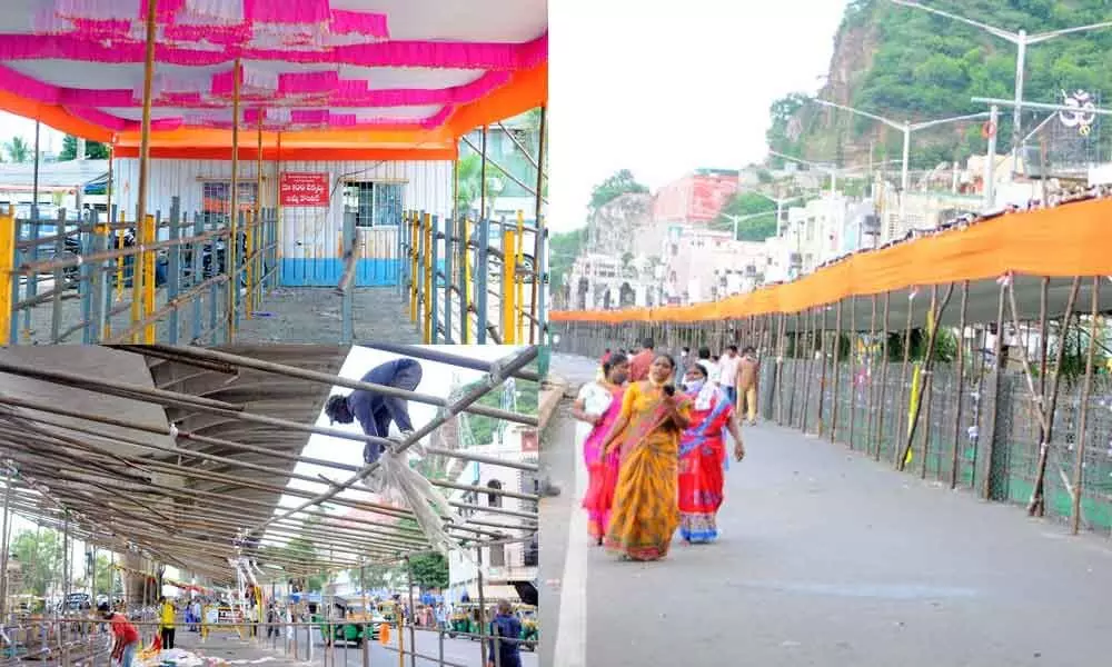 Workers setting up barricades and queues for the Dasara celebrations at Kanaka Durga temple  in Vijayawada on Sunday   (Photo Ch Venkata Mastan )