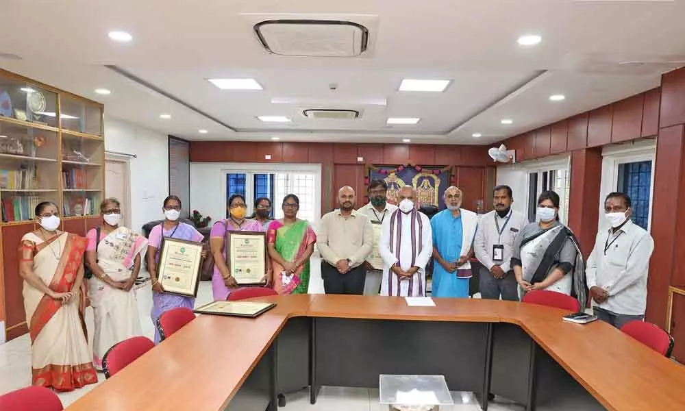 TTD EO K S Jawahar Reddy along with  TTD run schools head masters after handing over ISO certification to them at his chamber in Administrative Building in Tirumala on Monday.